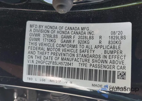 2020 Honda Civic Sport from USA, damaged, VIN 2HGFC2F85LH572841